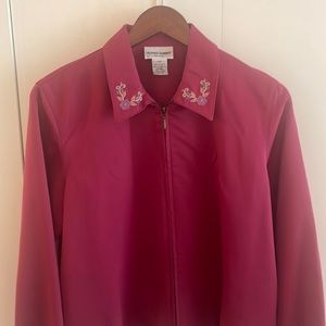 Vintage Pink Collared Bomber Jacket with Floral Embroidery Detail
